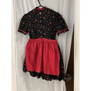 Vintage Black Floral Girls Dirndl Dress With Removable Apron Approx Sz 8 Cottage